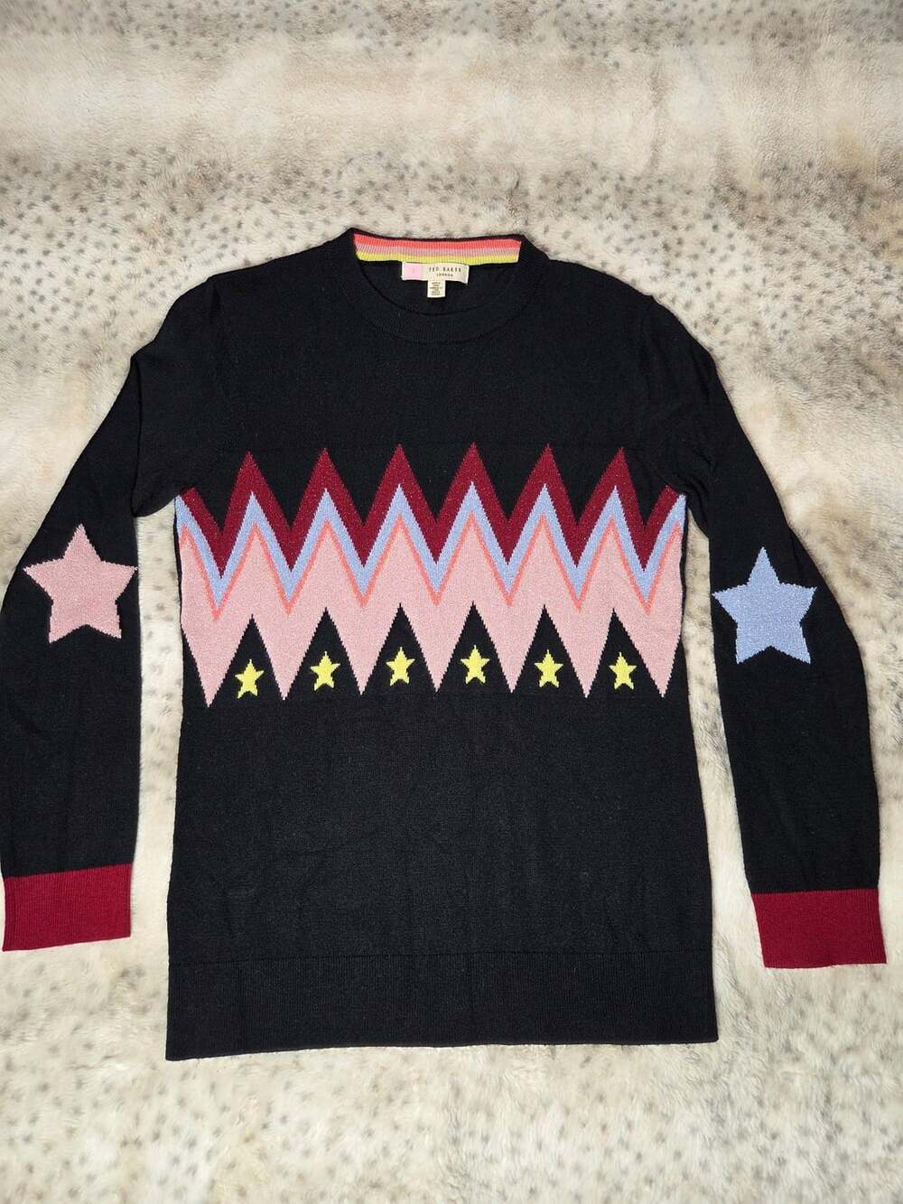 Ted Baker London Star Chevron Graphic Sweater Black Pink Y2K Size 2